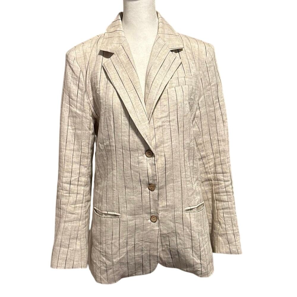 Lintico Size S 100% Linen Blazer Jacket Striped Oatmeal Beige